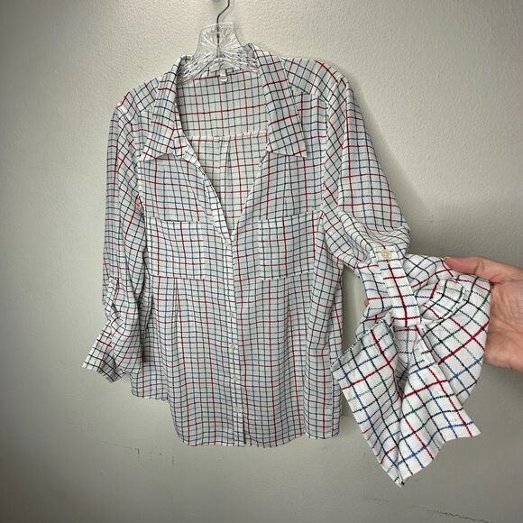 Joie White Red Blue Black & Green Plaid Front Button Pockets Long Sleeve Shirt L - Picture 3 of 13